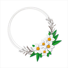 Happy easter. Easter flower frame. Easter lawn, garden. postcard, poster. Template design with decorated eggs in flowers. illustration in cartoon style.