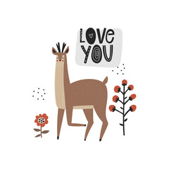 Love you romantic lettering inscription with cute roe deer and doodle flowers drawings. Hand drawn scandinavian quote and wild animal with antlers