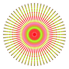 Creative multicolored points round symbol. Abstract symmetrical logo. Mosaic colorful beautiful beads. Circle dots modern pixel floral art icon. Colored pattern ornament wheel decorative illustration.