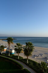 Obraz premium Radisson Blu Beach resort, Dibba, Al Fujairah, United Arab Emirates March 21, 2021, view of beach and sea (Gulf of Oman) at the beach resort hotel