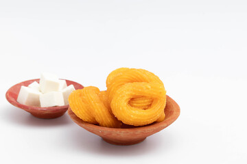 Chhena Jalebee Or Paneer Jalebi With Various Names Zulbia Mushabak Jilapi Zalabia Is Indian Mithai Drenched In Cheeni Ki Chasni Made Of Maida Flour Batter In Desi Ghee. Isolated On White Background