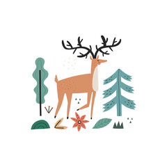 Hand drawn wild forest hoofed animal with horns. Deer, trees, plants