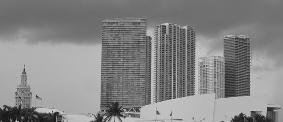 Dramatic black and white photo of high-rise buildings in Riverfront Miami, Florida. A cityscpape with skyscrapers 