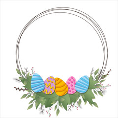 Happy easter. Easter flower frame. Easter lawn, garden. postcard, poster. Template design with decorated eggs in flowers. illustration in cartoon style.