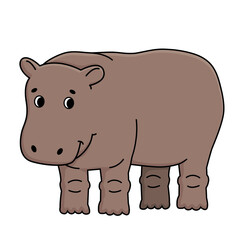 Cute brown vector outline cartoon gray male hippo stands on the ground, smiles, looks to the right. Doodle isolated illustration on white background, side view.