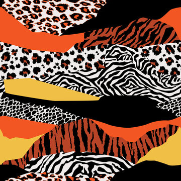 Wild animal skins patchwork wallpaper abstract  fur seamless vector pattern