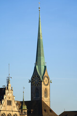 Obraz premium Old town of Zurich with church Fraumünster (German), translation is Women's Minster. Photo taken March 30th, 2021, Zurich, Switzerland.