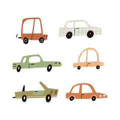 Naklejka premium Cartoon retro motor cars collection isolated on white. Cute hand drawn various automobiles clipart set. Hatchback, convertible, sedan, coupe vehicle