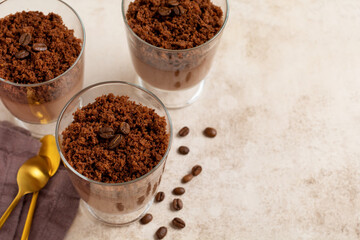 Delicious dessert chocolate mousse with brownie in glass jars on a light slate, stone or concrete background. Selective focus