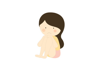 Depressed sad girl hugging her knees vector illustration. Depression and disorder mental problem concept 