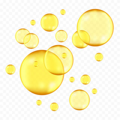 Golden, yellow oil drops, bubbles vector illustration on transparent background
