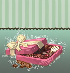 Valentines Day background with chocolate candies. Assortment of candies in box and card with text love you, top view.