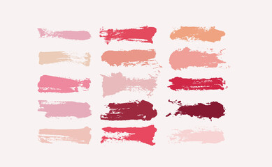 Set of makeup strokes, beauty and cosmetic nude brush stains. Smear make up lines big collection, lipstick swatches, texture. Paint line texture. Vector illustration. Isolated on white background.