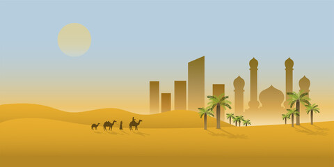 Ramadan kareem with Egyptian or Arabian desert with mosque on horizon background  design. Arabian desert landscape scenery with sunset, palm dates, sun, a camel caravan and mountain  in desert 