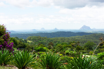 Fototapeta na wymiar Glasshouse Mountains in Queensland visible through the mist from Maleny with botanical gardens in the foreground and a cloudy rainy sky.