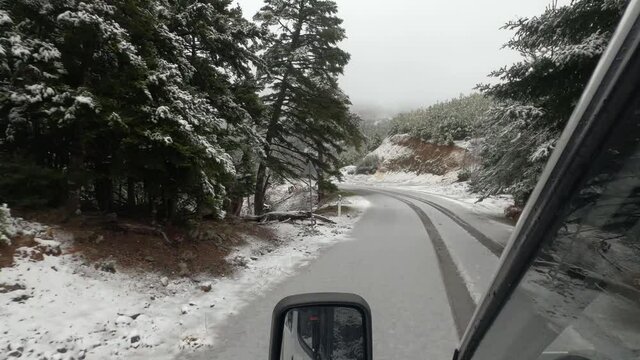Driving The Roads On Parnonas Mountains In Winter, Peloponnes, Greece