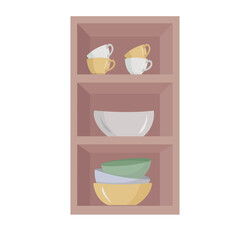 pink kitchen shelf with cups  and  plates in flat-style isolated on white background.  A pitcher, cups for tea and coffee. Kitchen utensils for cooking and serving soup and other dishes. 