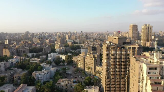 Aerial drone shot of downtown Cairo, Egypt in the afternoon