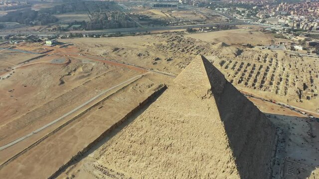 Aerial Drone shot of Khafre (Middle Pyramid) in Giza,  Egypt