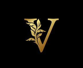 Elegant Gold V Letter Floral logo. Vintage classic ornate letter vector.