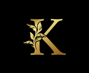 Elegant Gold K Letter Floral logo. Vintage classic ornate letter vector.