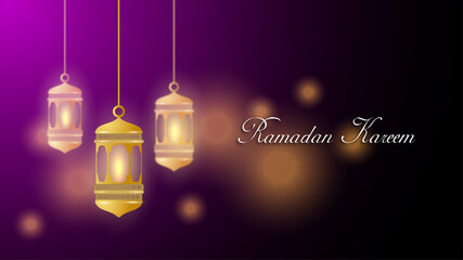 Ramadan kareem greeting card template with gold ramadan lantern, islamic background banner wallpaper vector illustration. Arabic text translation : ramadan kareem, holy month for muslim