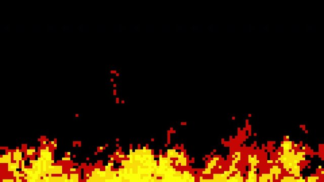 Pixel art flame isolated on black background. Bright Burning fire, flying sparks. Old school 80s, 90s graphic style animation. Computer, console video games. 8 bit. Seamless loop footage. 4K clip