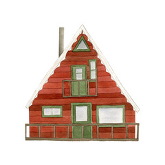 Red house with green doors. Watercolor illustration for your design of cards, invitations, backgrounds, logo, posters, stickers, textile and other purposes.
