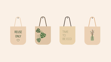 Four shopper bags, two with lettering, two with pictures