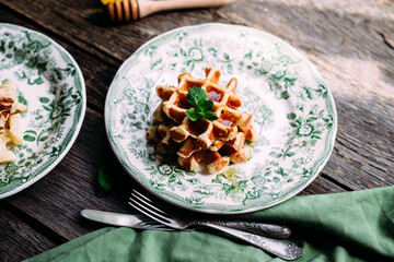 cottage cheese waffles with honey on a plate
