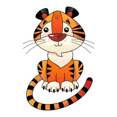 Cute tiger cub in cartoon style on white background, isolated object. Vector, illustration