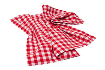Closeup of a red and white checkered napkin or tablecloth texture isolated on white background. Kitchen accessories.