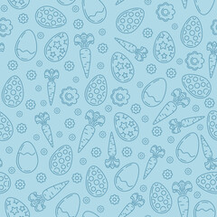 Easter seamless pattern. Pattern consisting of Easter eggs, flowers, carrots. Vector illustration
