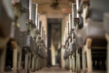 The passenger seat in an old train carriage.Old Thai train.shallow focus effect.