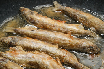 Fried fish in a frying pan. Capelin fried in oil with crispy breading. Shallow depth of field