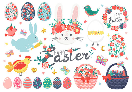 Hand drawn set of Easter eggs, chicken, rabbit, bunny, chick in eggshell, flowers, butterfly, wreaths, baskets, carrots, hearts, birds, leaves, stars, text. Happy Easter holiday spring illustration