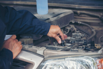 Mechanic car service auto garage in automotive mobile center. Technician workshop repair engine motor vehicles service mechanical engineering business. Automobile mechanic hands car repairs technic