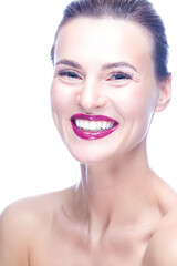 Beauty Ideas. Closeup Portrait of Smiling Happy Caucasian Woman with Fresh and Clean Skin Posoing Against White Background.