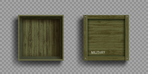 Empty open and closed green military wooden boxes.