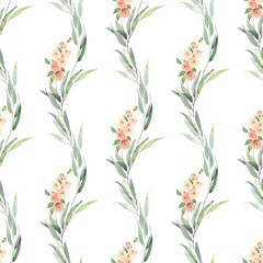 Abstract floral pattern of vertical branches with leaves and small flowers roses. Watercolor seamless print on white background.