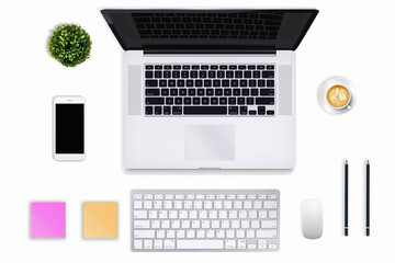 Modern workplace with copy space for laptop and smartphone on white table background. View from above.