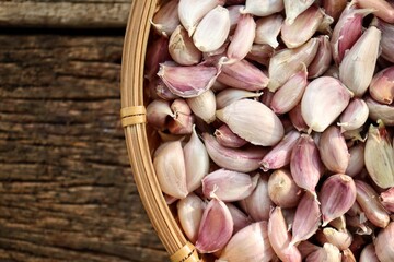Garlic herb spice on table wood background