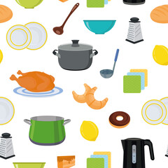 Dishes, food, and cutlery. Kitchen utensils. Seamless background. Kitchen textile, vector background.