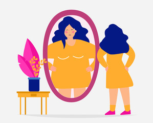 Skinny female looking at the mirror and seeing herself as fat. Woman suffering from nervosa Anorexia Disorder, Unhealthy Nutrition banner background. Schizophrenia, bipolar, mental disorders concept.