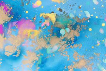 Obraz na płótnie Canvas art photography of abstract fluid art painting with alcohol ink, blue, pink and gold colors