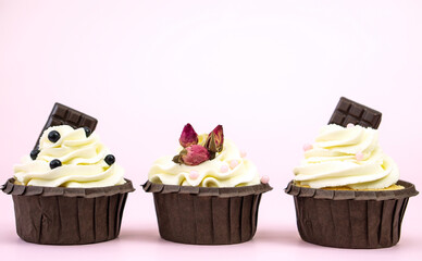  Set  cupcakes with vanilla cream decorated with roses  and chocolate on pink background with  copy space for text .