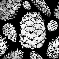 Coniferous cones seamless pattern isolated on black