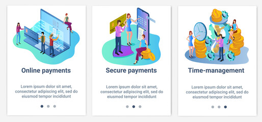 Modern flat illustrations in the form of a slider for web design. A set of UI and UX interfaces for the user interface.Secure online payments and time management.