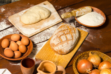 Food Ideas. Freshly Baked Rural Bread with Lots of Countryside Products