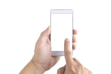 Left hand of a white man holding a white mobile phone and a white screen at a isolate background with clipping path.